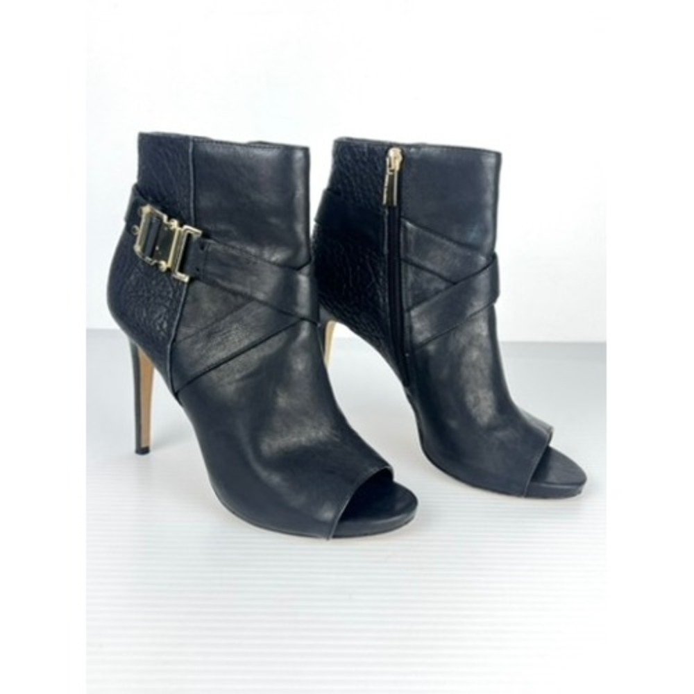 Vince Camuto Black Leather Peep Toe Ankle Boots Gold Buckle Stiletto Heel 8‎